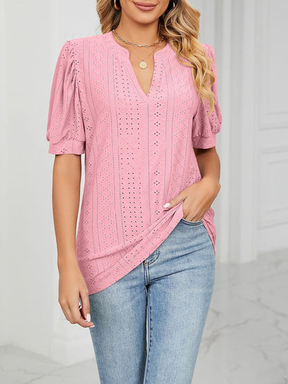 Notch Neck Solid Color Puff Sleeve Textured Blouse