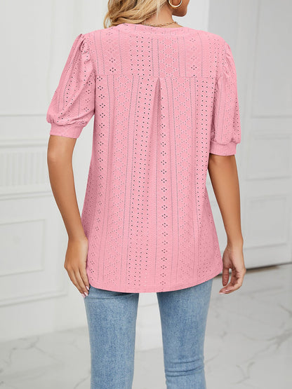 Notch Neck Solid Color Puff Sleeve Textured Blouse