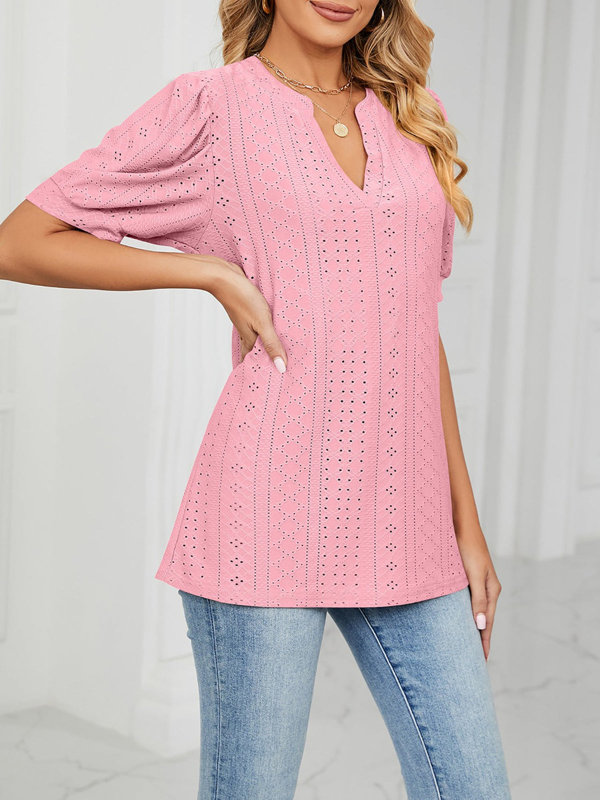 Notch Neck Solid Color Puff Sleeve Textured Blouse