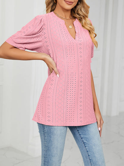 Notch Neck Solid Color Puff Sleeve Textured Blouse