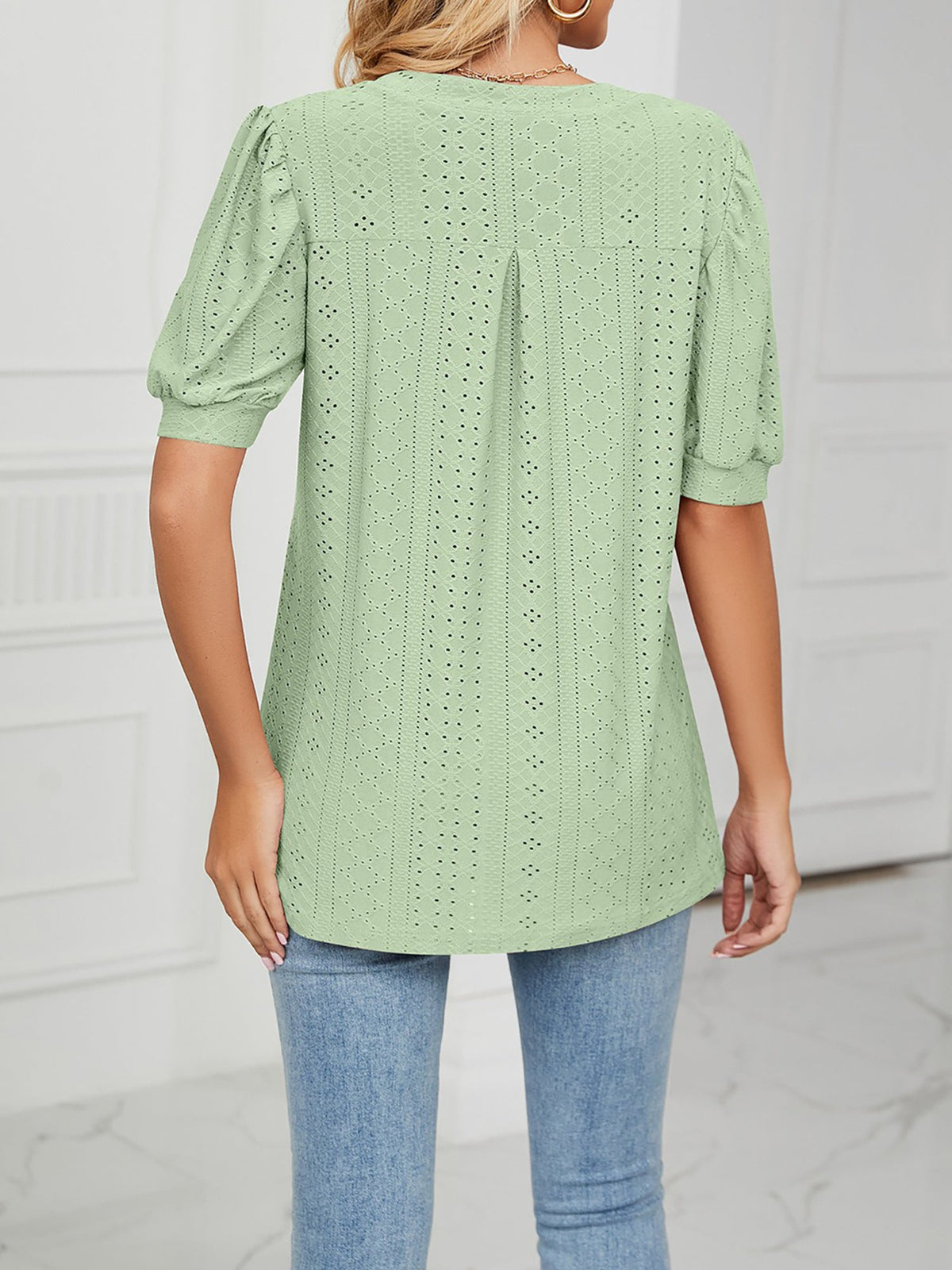 Notch Neck Solid Color Puff Sleeve Textured Blouse