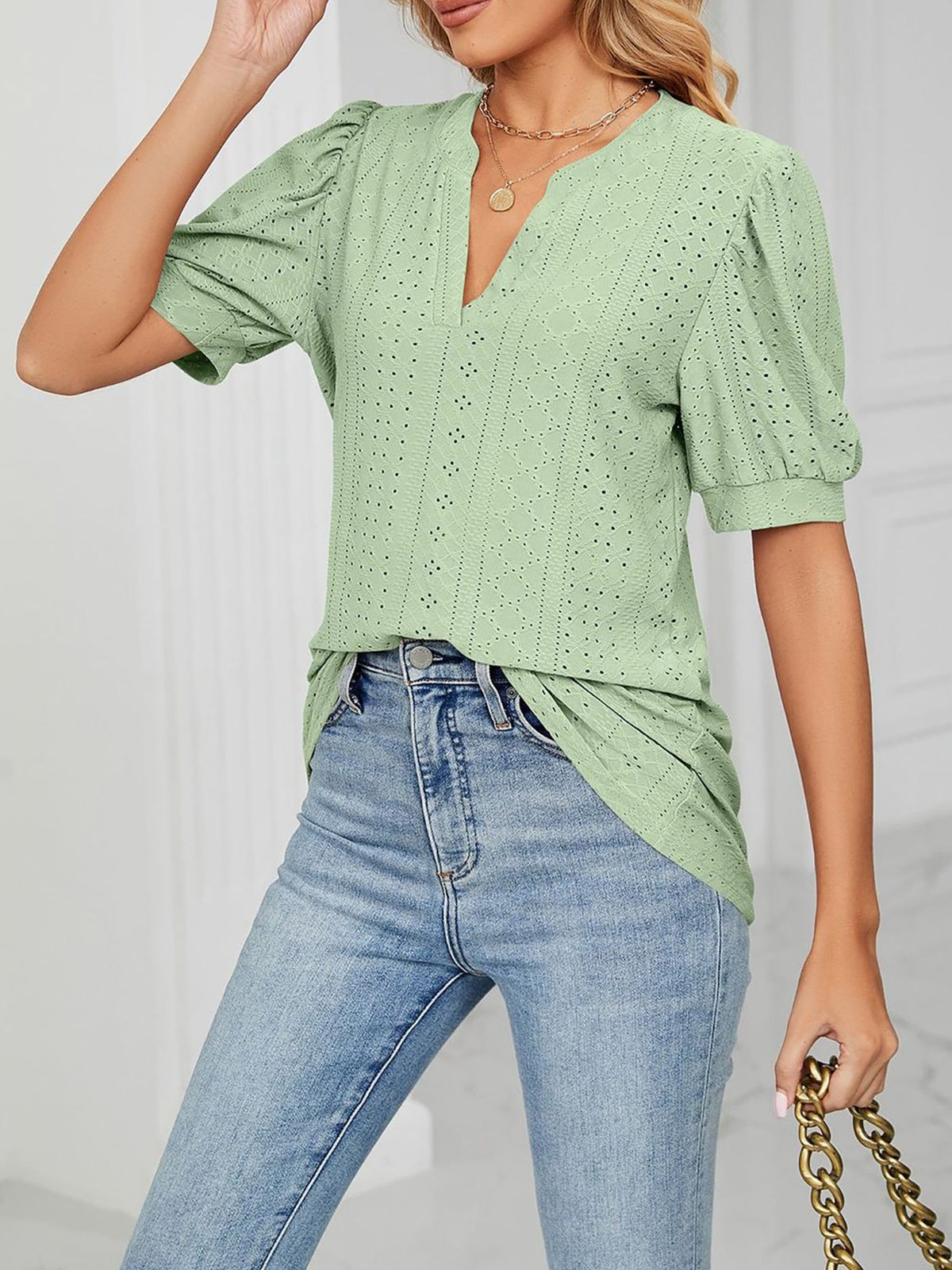 Notch Neck Solid Color Puff Sleeve Textured Blouse