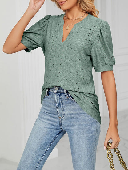 Notch Neck Solid Color Puff Sleeve Textured Blouse