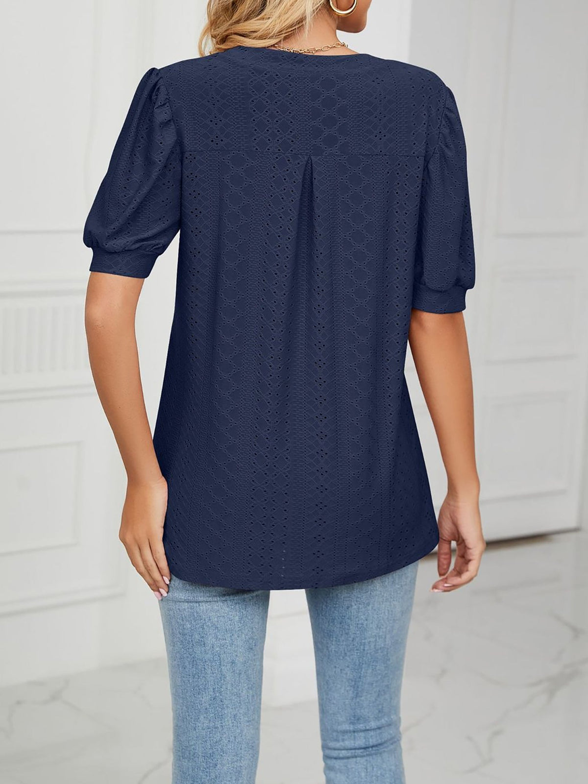 Notch Neck Solid Color Puff Sleeve Textured Blouse