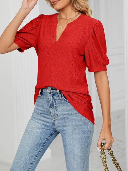 Notch Neck Solid Color Puff Sleeve Textured Blouse
