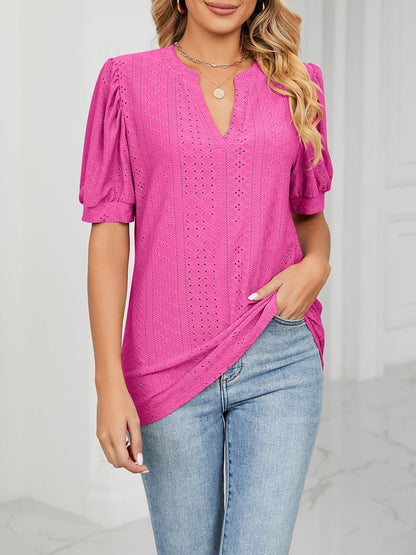 Notch Neck Solid Color Puff Sleeve Textured Blouse