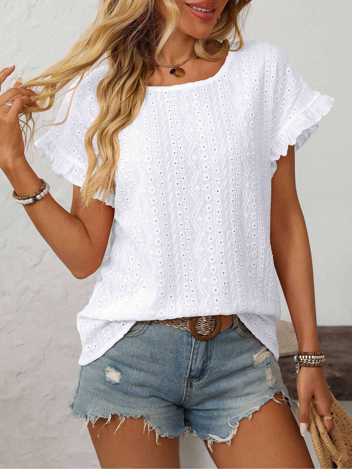 Round Neck Short Sleeve Eyelet Ruffled Blouse