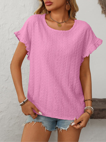Round Neck Short Sleeve Eyelet Ruffled Blouse
