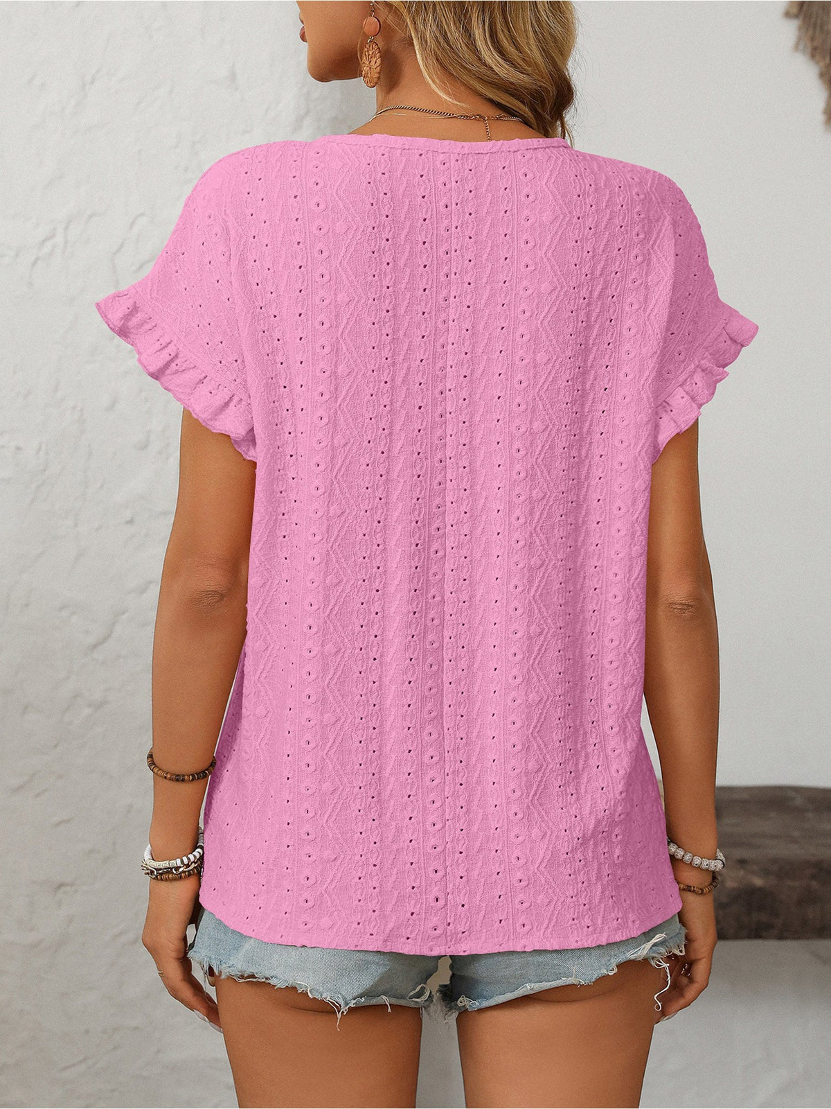 Round Neck Short Sleeve Eyelet Ruffled Blouse