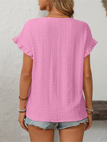 Round Neck Short Sleeve Eyelet Ruffled Blouse