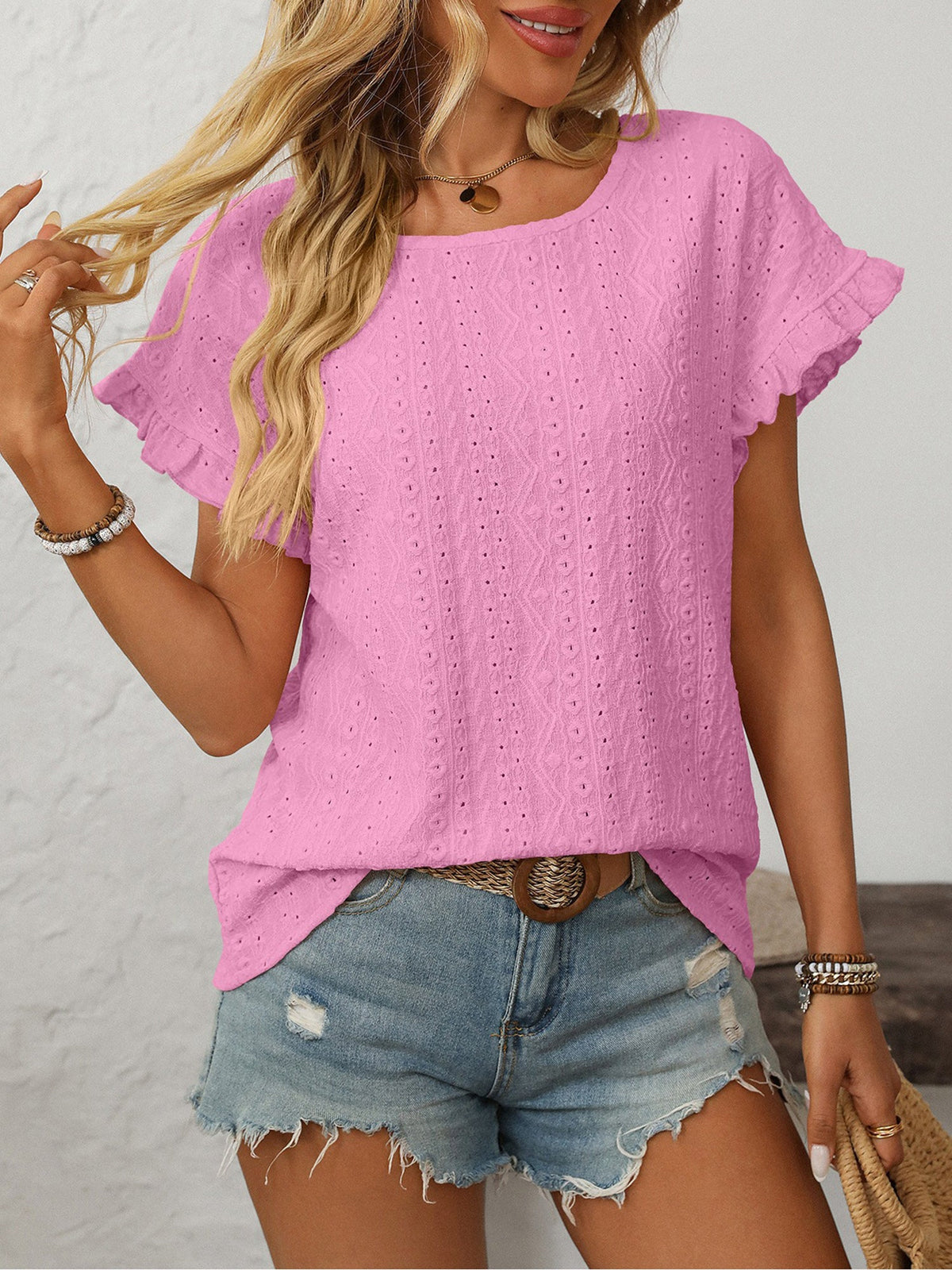 Round Neck Short Sleeve Eyelet Ruffled Blouse