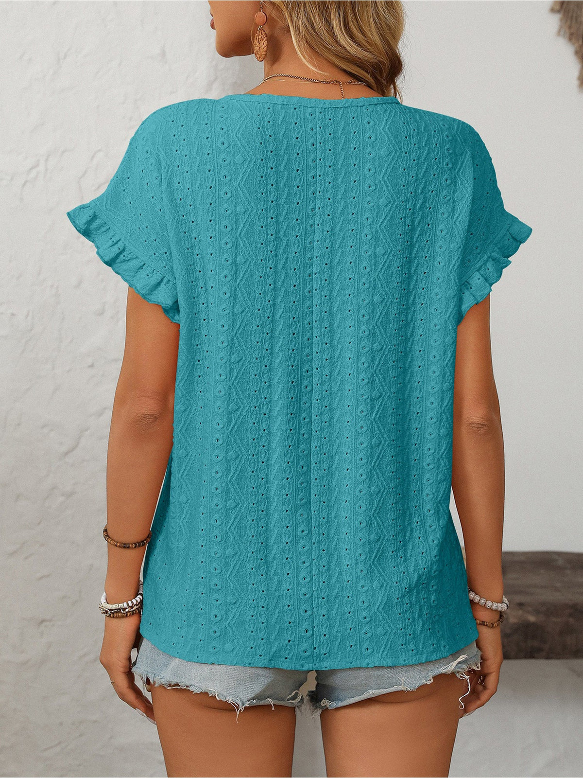 Round Neck Short Sleeve Eyelet Ruffled Blouse