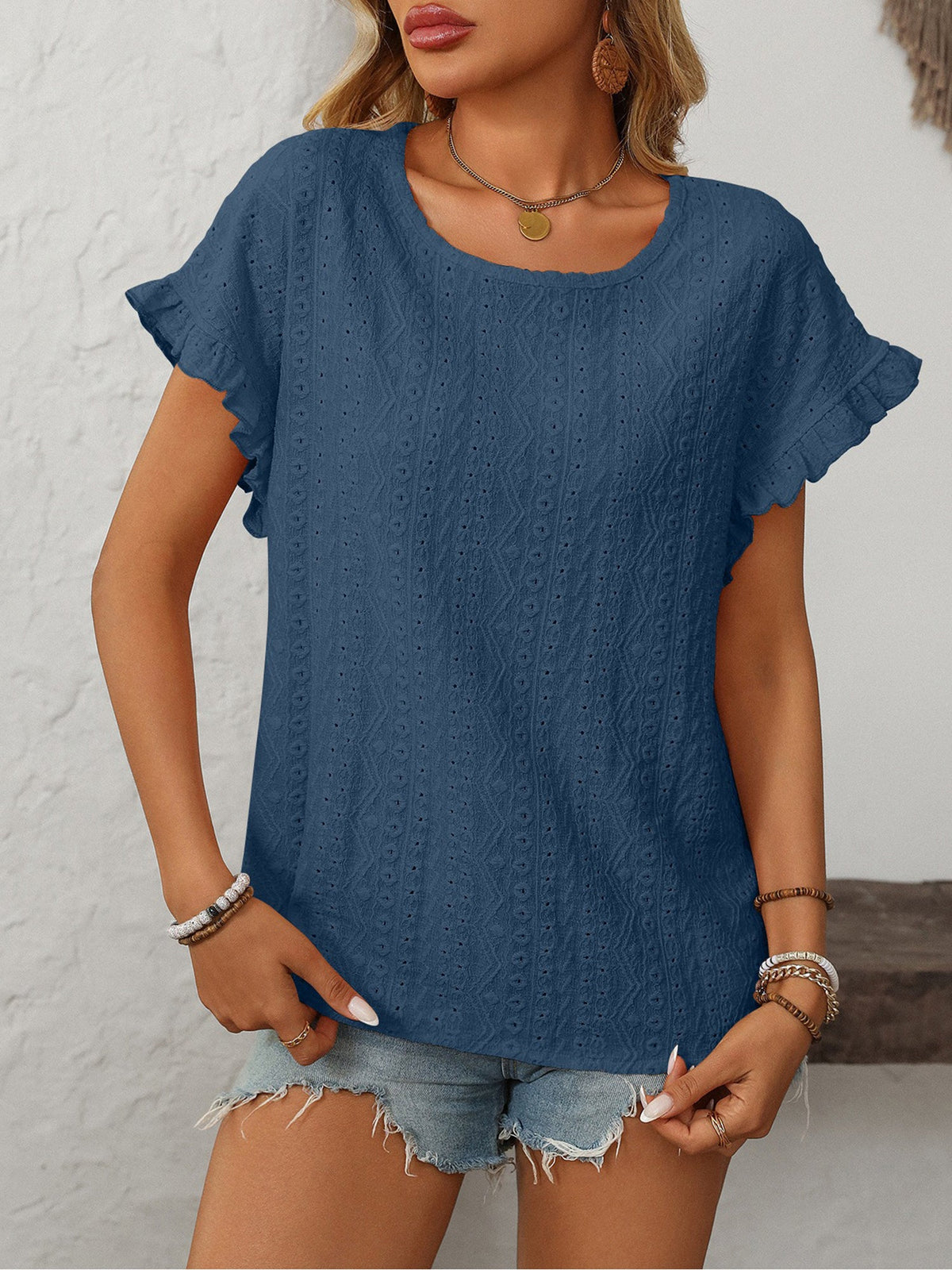 Round Neck Short Sleeve Eyelet Ruffled Blouse