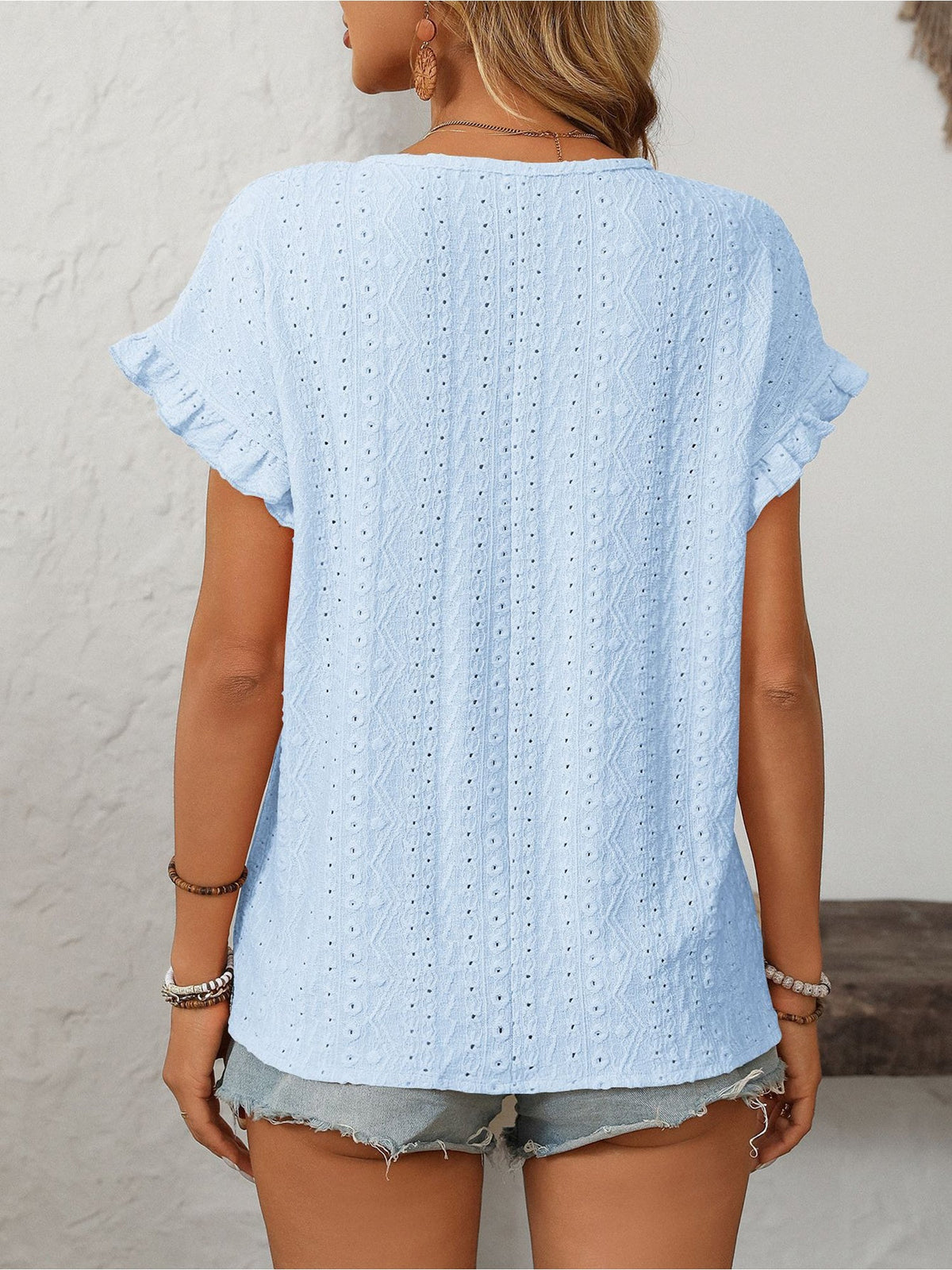 Round Neck Short Sleeve Eyelet Ruffled Blouse