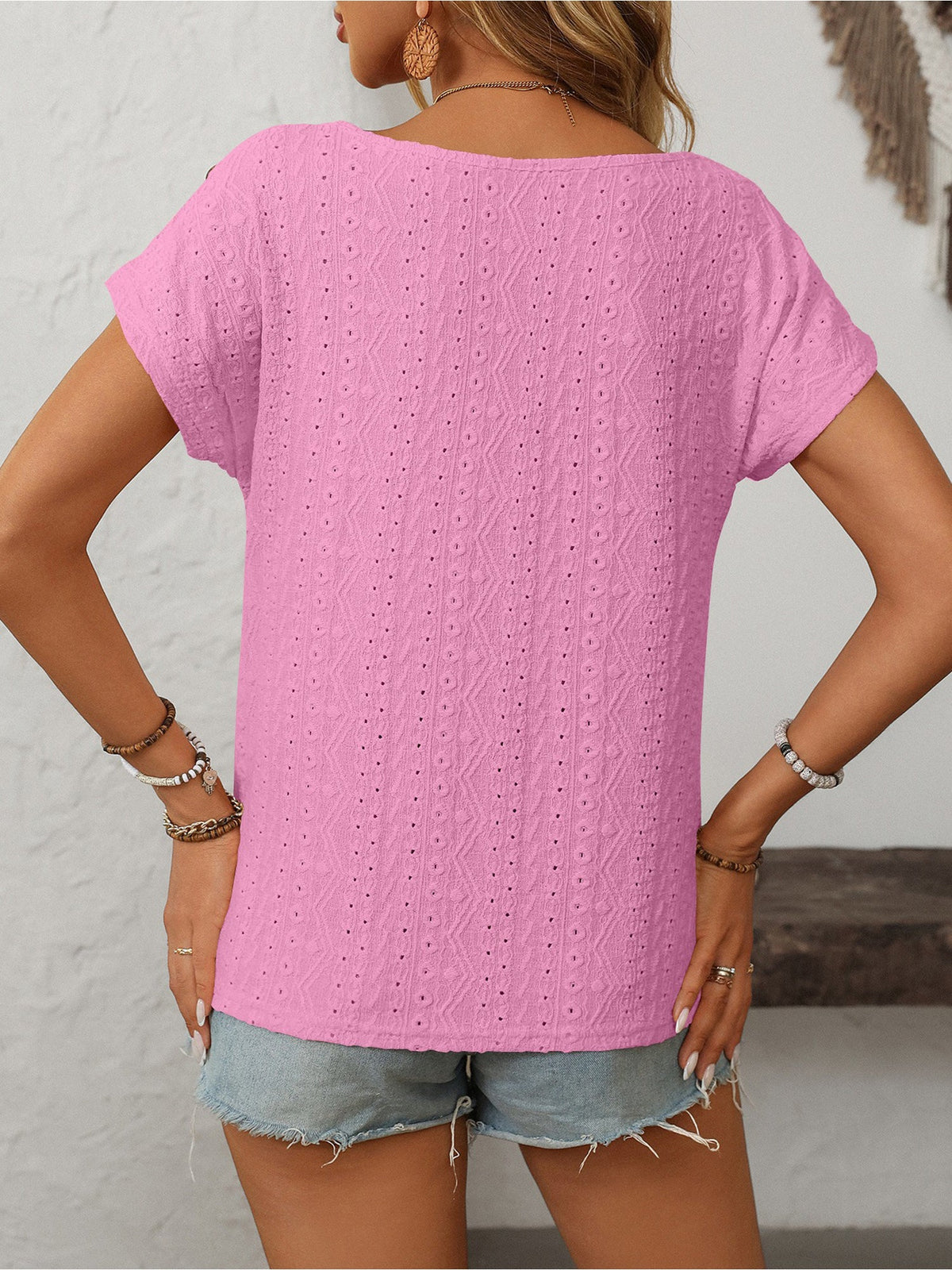 Solid Color Round Neck Button Short Sleeve Eyelet Blouse