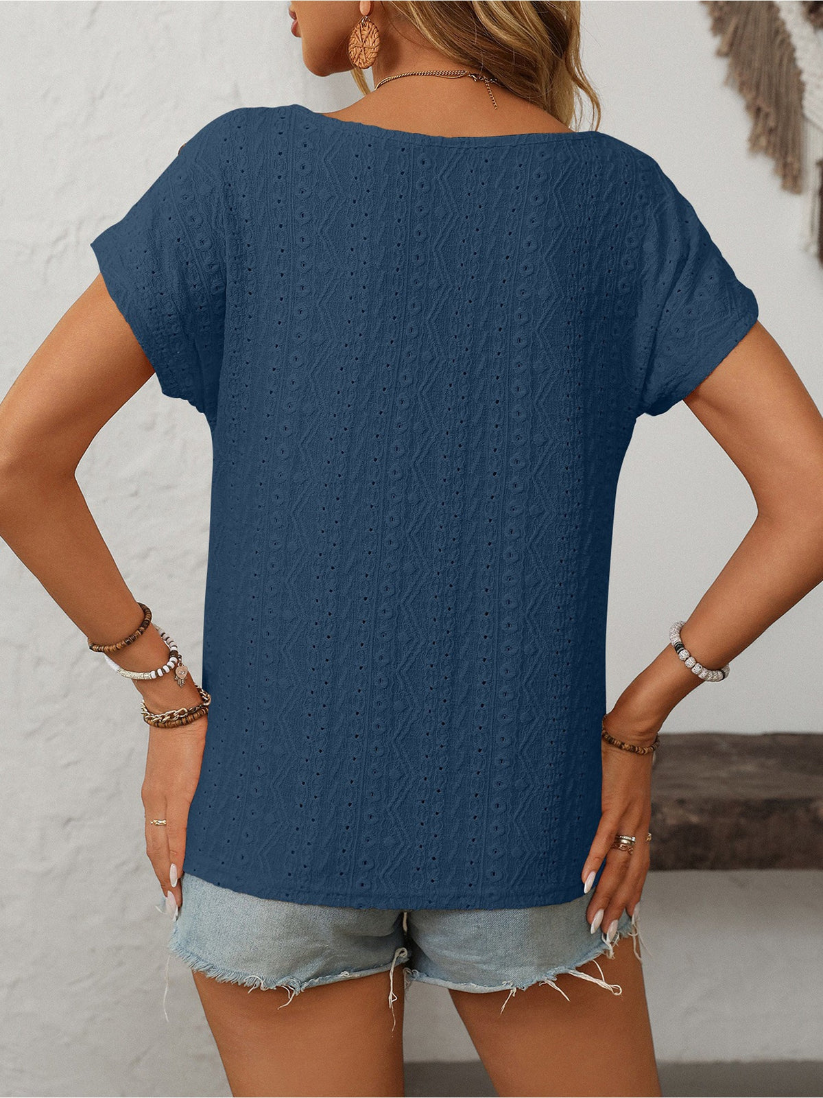 Solid Color Round Neck Button Short Sleeve Eyelet Blouse