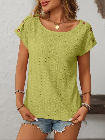Solid Color Round Neck Button Short Sleeve Eyelet Blouse