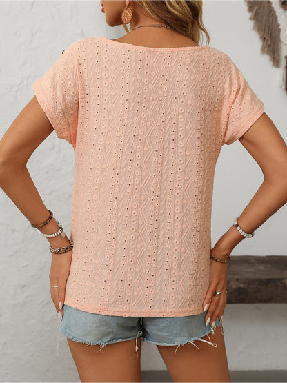 Solid Color Round Neck Button Short Sleeve Eyelet Blouse