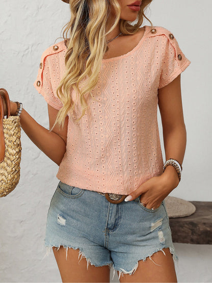 Solid Color Round Neck Button Short Sleeve Eyelet Blouse