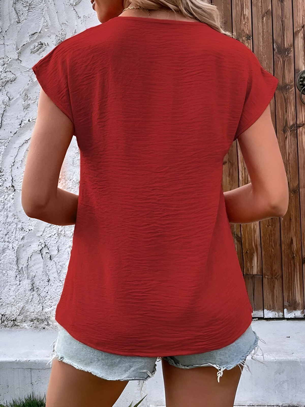 V Neck Button Solid Color Bat Sleeve Casual Blouse
