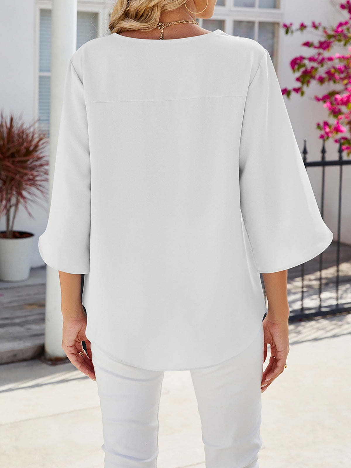 Solid Color V-Neck Mid-Sleeve Loose Chiffon Shirt for Women
