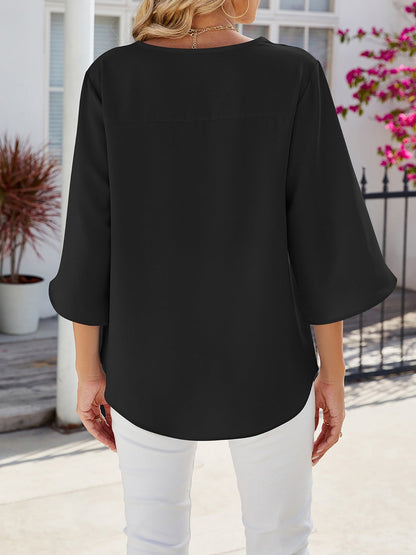 Solid Color V-Neck Mid-Sleeve Loose Chiffon Shirt for Women