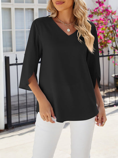Solid Color V-Neck Mid-Sleeve Loose Chiffon Shirt for Women