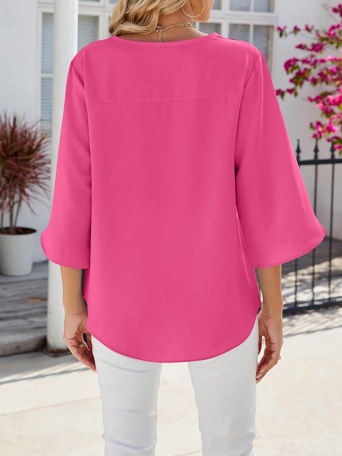 Solid Color V-Neck Mid-Sleeve Loose Chiffon Shirt for Women