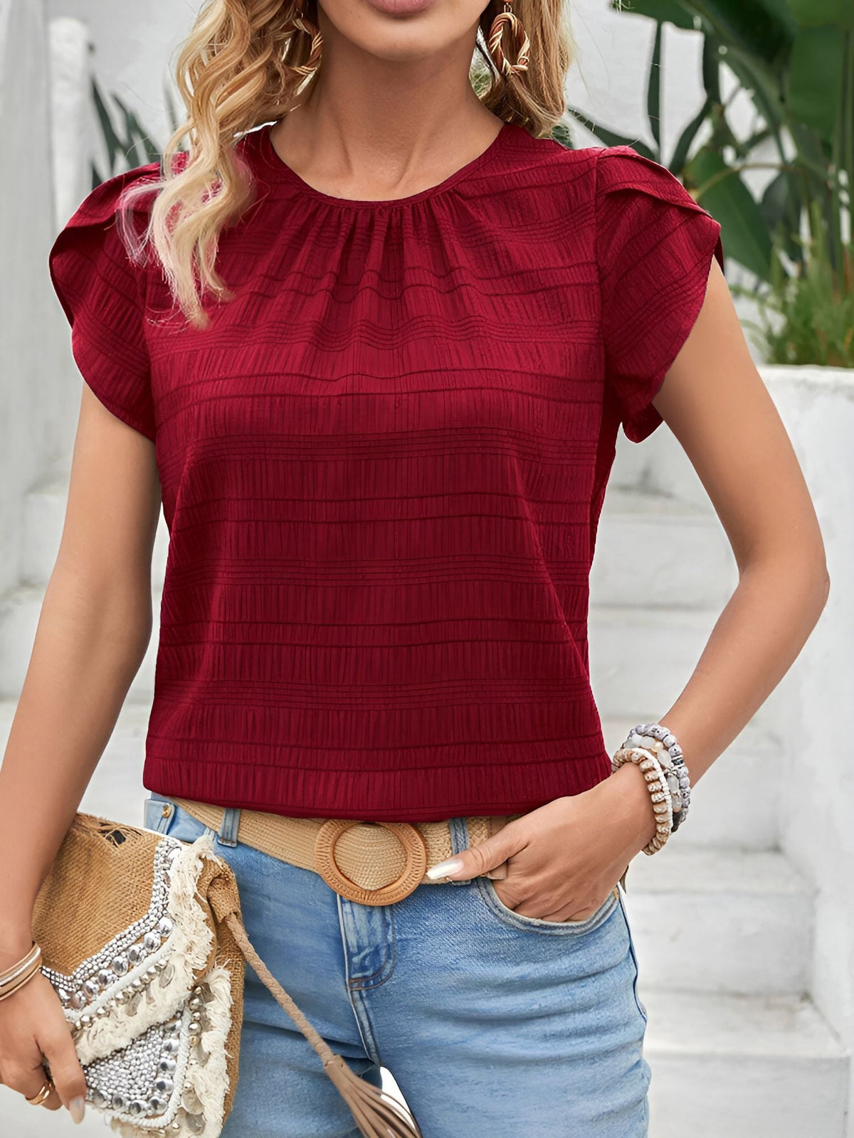 Round Neck Short Sleeves Textured Blouse