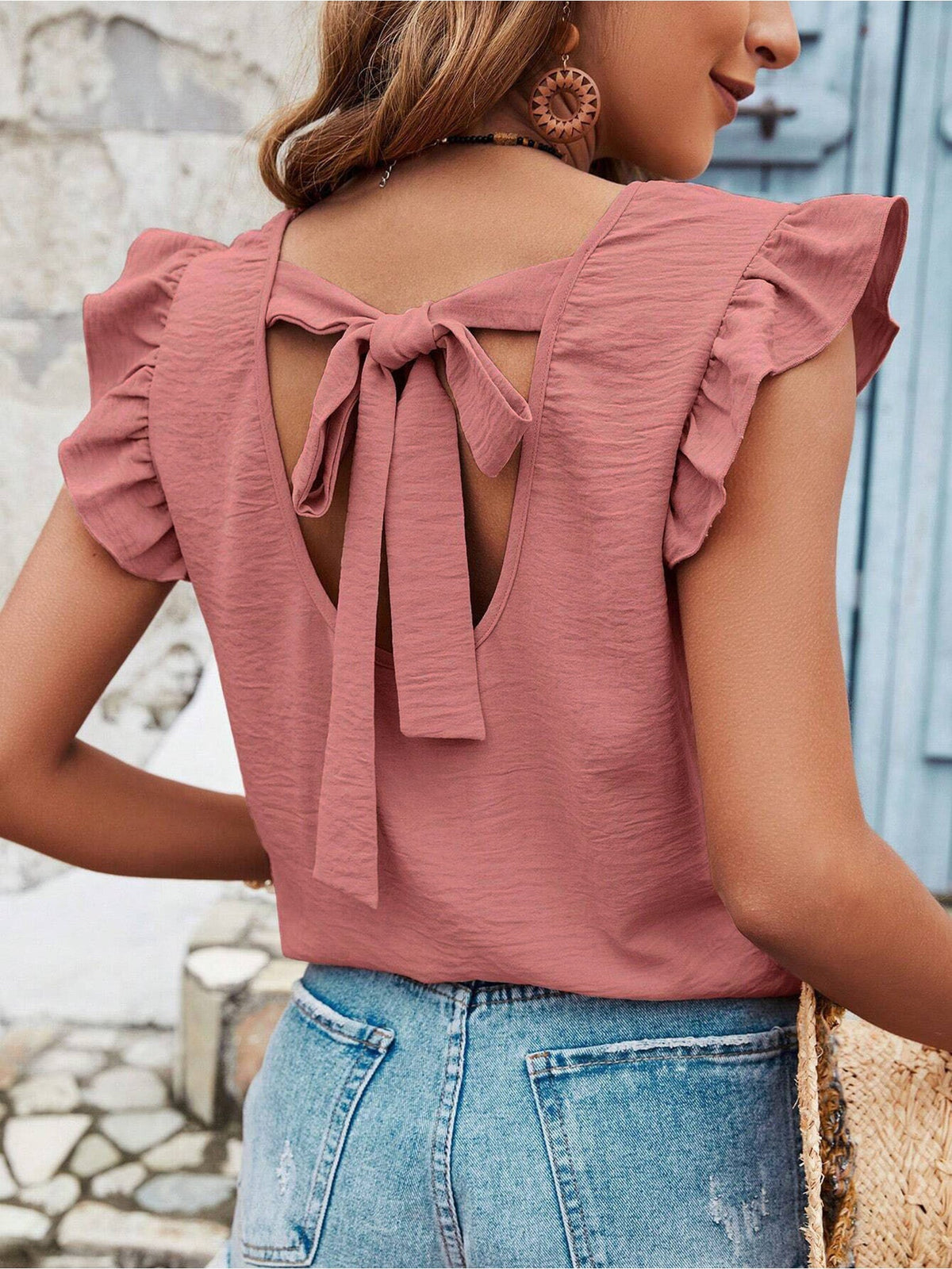 Ruffled Cap Sleeves Lace-Up Textured Blouse