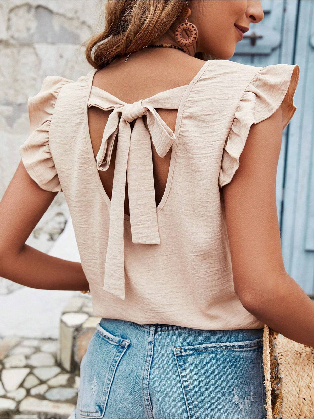 Ruffled Cap Sleeves Lace-Up Textured Blouse