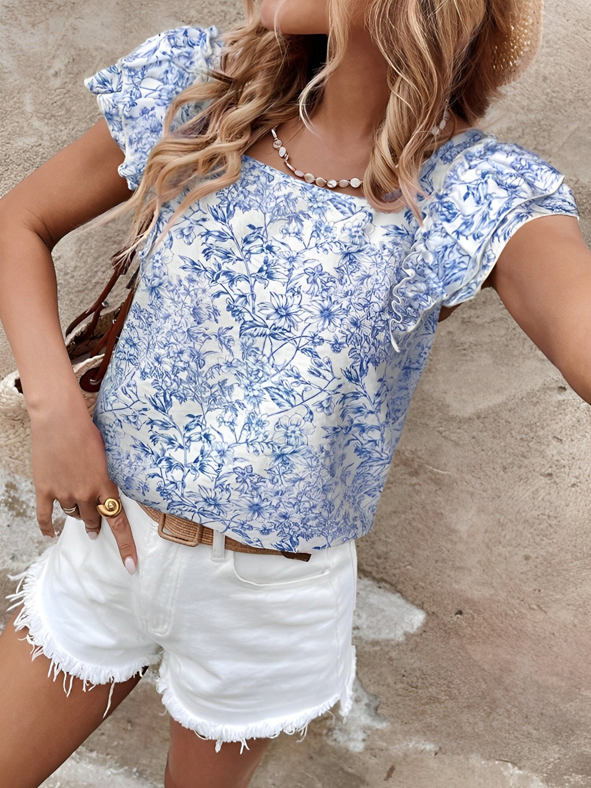 Floral Back Bow Ruffled Short Sleeve Blouse