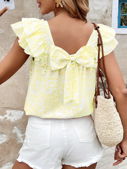 Floral Back Bow Ruffled Short Sleeve Blouse