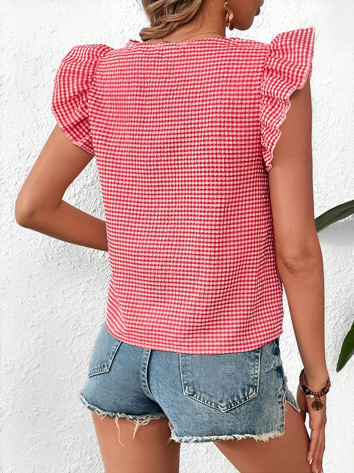Gingham Square Neck Ruffled Cap Sleeves Blouse
