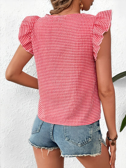 Gingham Square Neck Ruffled Cap Sleeves Blouse