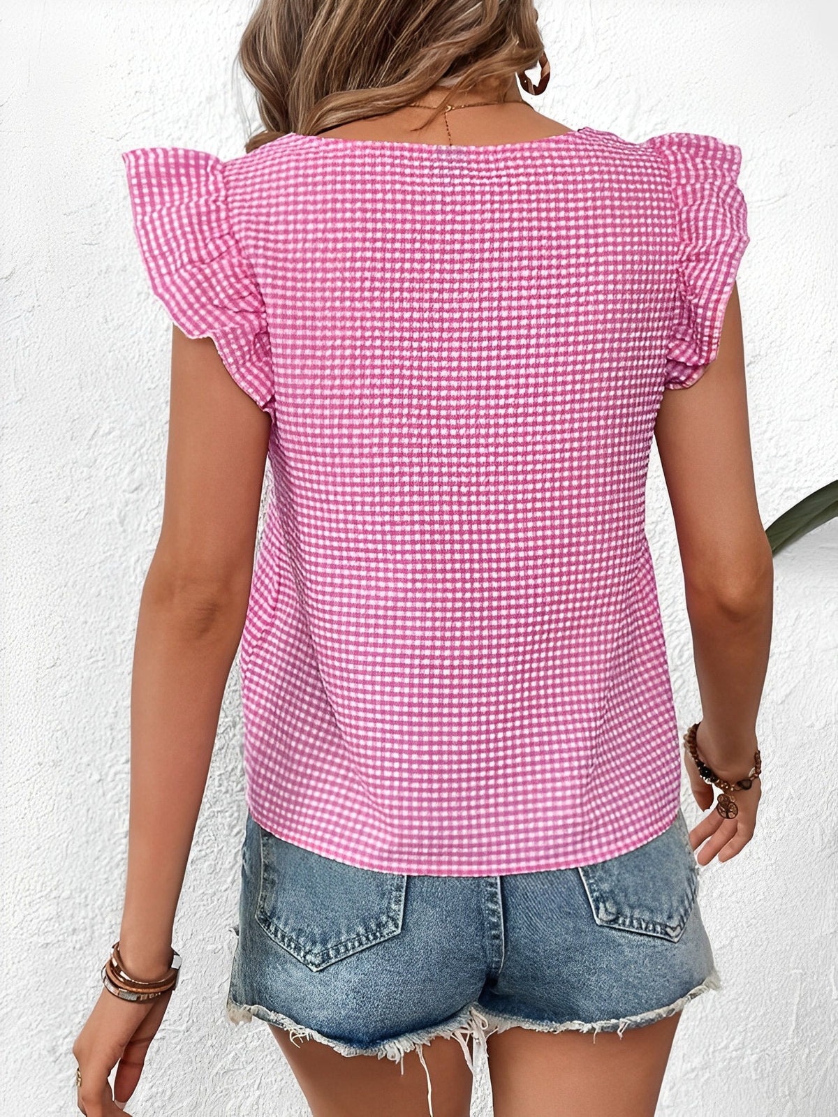 Gingham Square Neck Ruffled Cap Sleeves Blouse