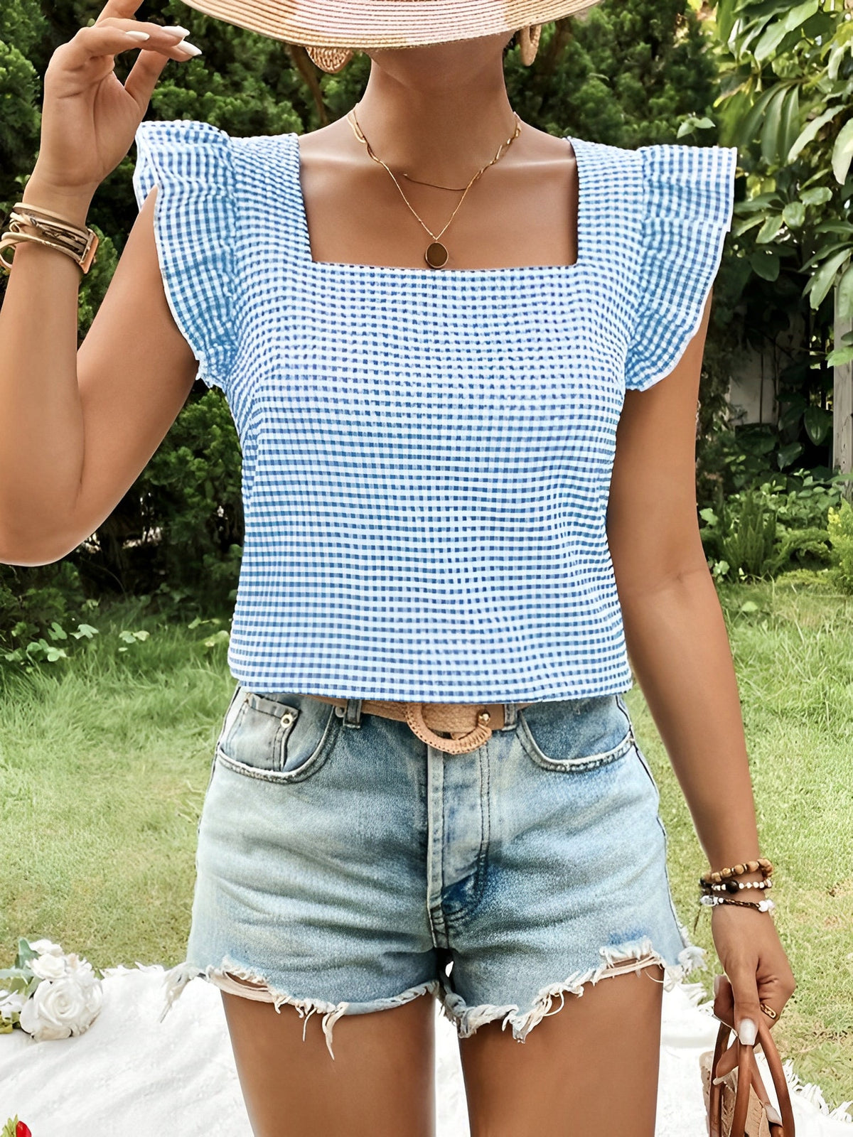 Gingham Square Neck Ruffled Cap Sleeves Blouse