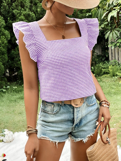 Gingham Square Neck Ruffled Cap Sleeves Blouse