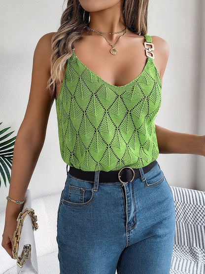 V Neck Hollow Metal Buckle Knitted Blouse