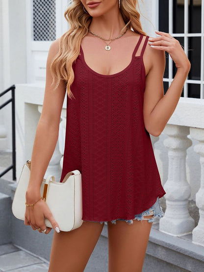 Solid Color U Neck Sleeveless Eyelet Casual Top