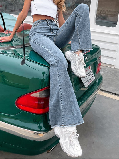 High Waist Denim Pocketed Bell Bottom Jeans