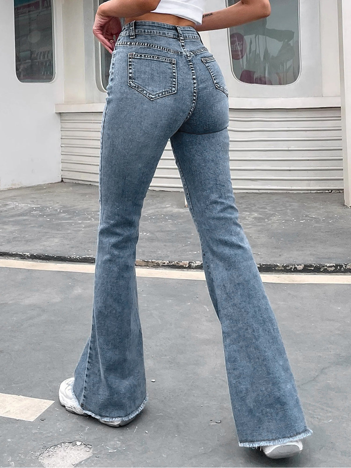High Waist Denim Pocketed Bell Bottom Jeans