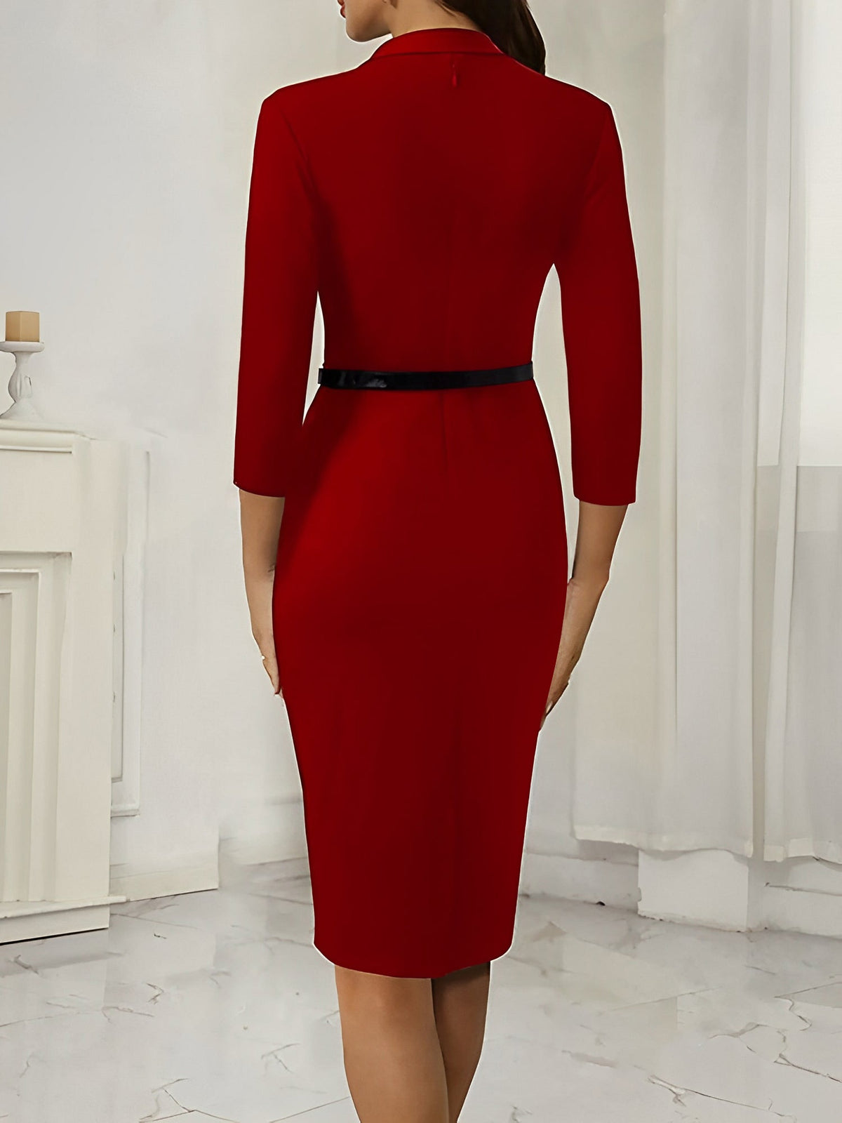 V Neck Solid Color Fake Two-Piece Belted Sheath Dress