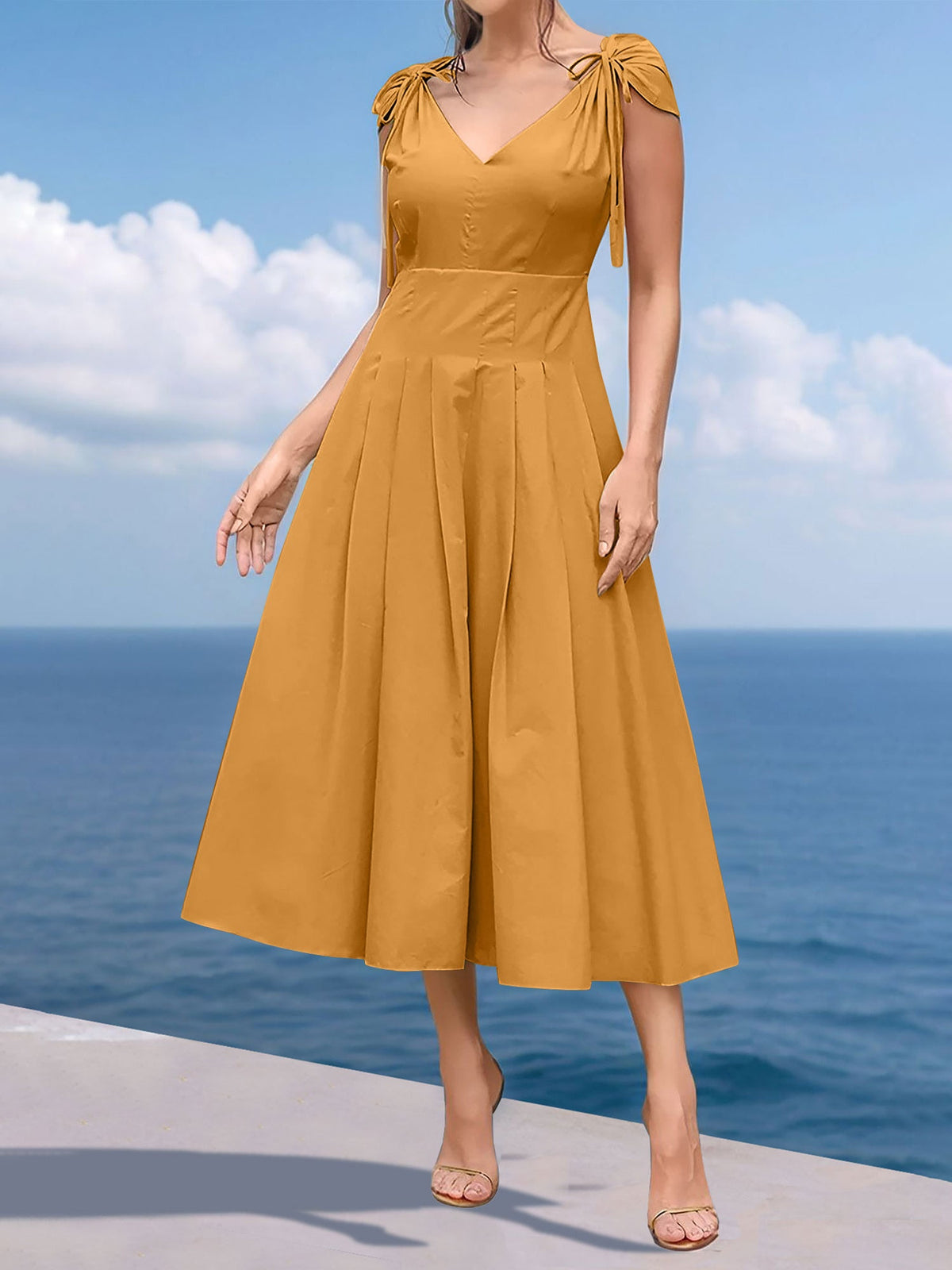 V Neck Ruched Lace-Up Cap Sleeves Pleated Midi A-Line Dress