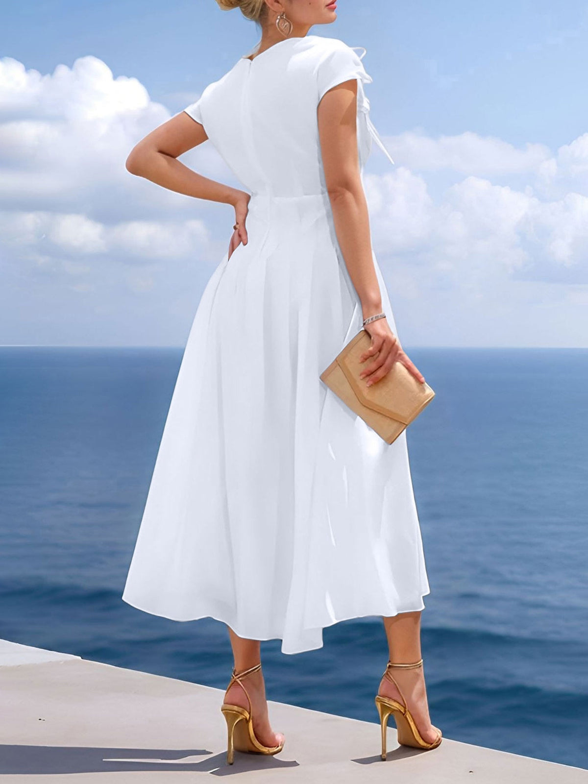 V Neck Ruched Lace-Up Cap Sleeves Pleated Midi A-Line Dress