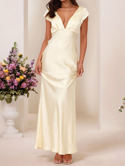 Satin V Neck Cap Sleeves Backless Maxi Dress
