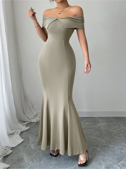 Solid Color Off Shoulder Bodycon Fishtail Maxi Dress