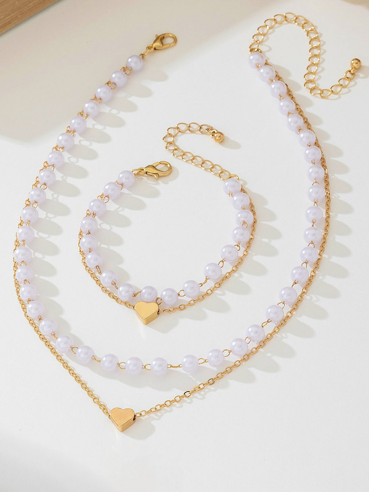 2 Pcs Faux Pearl Heart Shape Pendant Necklace Bracelet Set