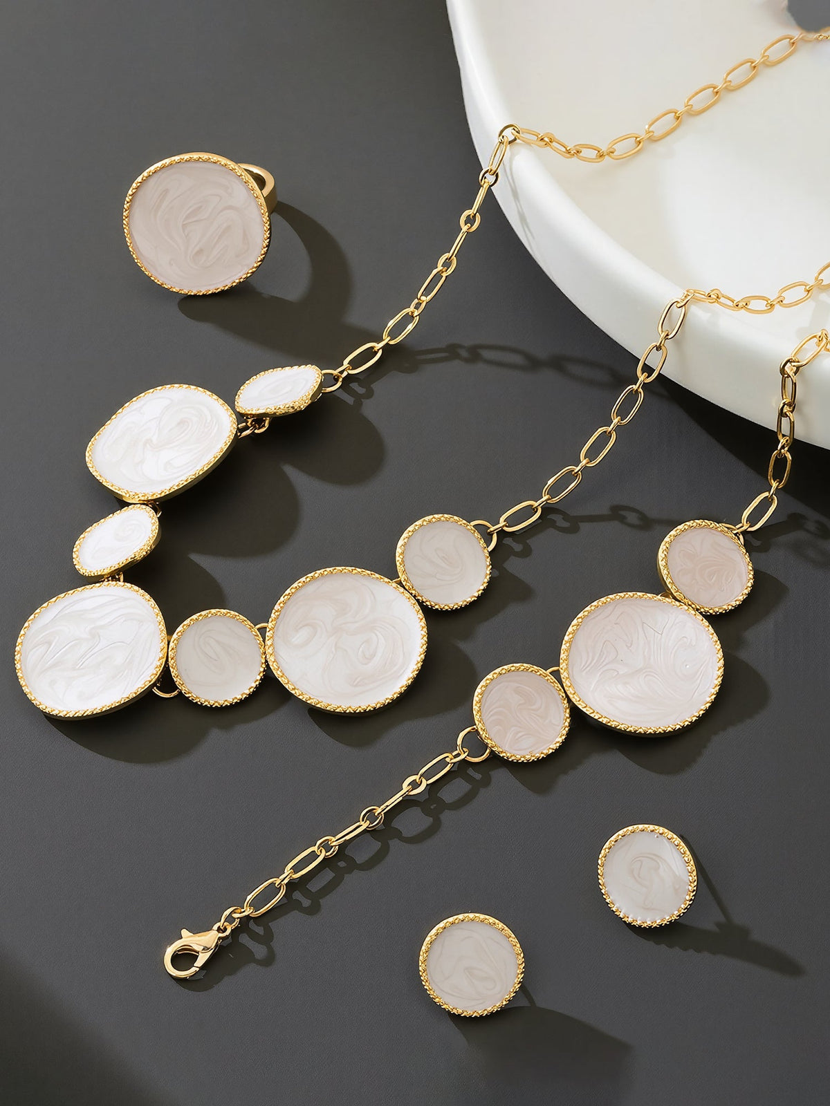 4 Pcs Irregular Round Shape Bracelet Necklace Earrings Ring Set