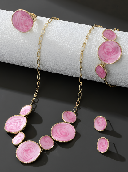 4 Pcs Irregular Round Shape Bracelet Necklace Earrings Ring Set